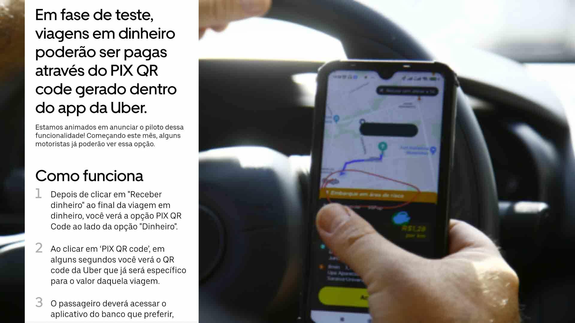 Uber libera opção de pagamento via Pix com QR Code gerado no aplicativo do próprio motorista